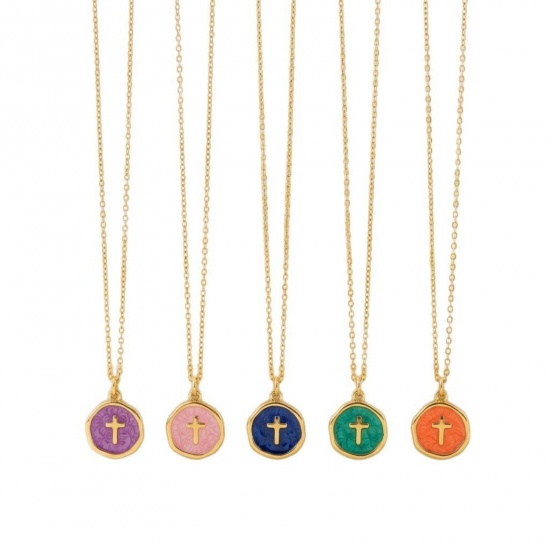 Imagen de Ronda Disco Cruz Multicolor Esmalte Collar con Colgante Al Por Mayor, Chapado en Oro de 18K 304 Acero Inoxidable Cadena de Cable Cruz, Mujeres PVD Ecológico Religión Elegante Regalo Joyería Para Minorista, 40cm + 5cm longitud, 1 Unidad