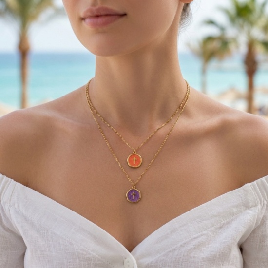 Imagen de Ronda Disco Cruz Multicolor Esmalte Collar con Colgante Al Por Mayor, Chapado en Oro de 18K 304 Acero Inoxidable Cadena de Cable Cruz, Mujeres PVD Ecológico Religión Elegante Regalo Joyería Para Minorista, 40cm + 5cm longitud, 1 Unidad