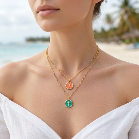 Imagen de Ronda Disco Cruz Multicolor Esmalte Collar con Colgante Al Por Mayor, Chapado en Oro de 18K 304 Acero Inoxidable Cadena de Cable Cruz, Mujeres PVD Ecológico Religión Elegante Regalo Joyería Para Minorista, 40cm + 5cm longitud, 1 Unidad