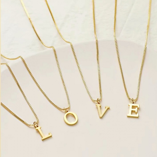 Picture of Wholesale Capital Alphabet Initial Letter Message " A-Z " Pendant Charm Necklace, 18K Gold Plated 304 Stainless Steel Box Chain, Women's Eco-friendly PVD Stylish Minimalist Gift Jewelry For Retailer, 40cm(15.7") + 5cm(2") long, 1 Piece