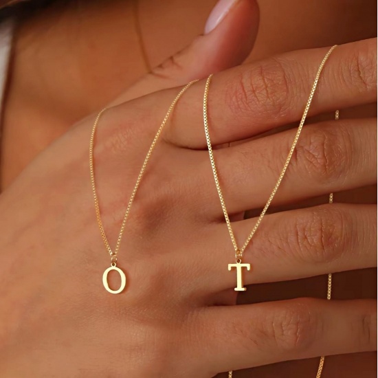 Picture of Wholesale Capital Alphabet Initial Letter Message " A-Z " Pendant Charm Necklace, 18K Gold Plated 304 Stainless Steel Box Chain, Women's Eco-friendly PVD Stylish Minimalist Gift Jewelry For Retailer, 40cm(15.7") + 5cm(2") long, 1 Piece