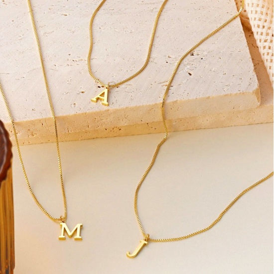 Picture of Wholesale Capital Alphabet Initial Letter Message " A-Z " Pendant Charm Necklace, 18K Gold Plated 304 Stainless Steel Box Chain, Women's Eco-friendly PVD Stylish Minimalist Gift Jewelry For Retailer, 40cm(15.7") + 5cm(2") long, 1 Piece