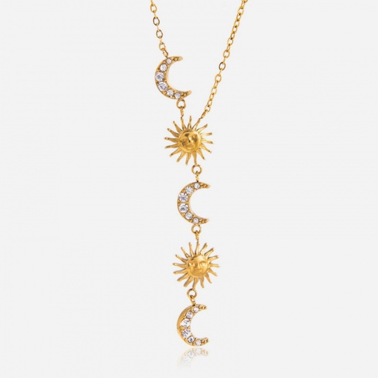 Picture of Wholesale Sun & Moon Clear Rhinestone Pendant Charm Necklace, 18K Gold Plated 304 Stainless Steel Link Cable Chain, Women's Eco-friendly PVD Simple Stylish Gift Jewelry For Retailer, 1 Piece