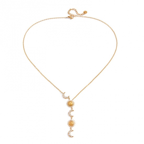 Picture of Wholesale Sun & Moon Clear Rhinestone Pendant Charm Necklace, 18K Gold Plated 304 Stainless Steel Link Cable Chain, Women's Eco-friendly PVD Simple Stylish Gift Jewelry For Retailer, 1 Piece