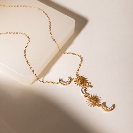 Picture of Wholesale Sun & Moon Clear Rhinestone Pendant Charm Necklace, 18K Gold Plated 304 Stainless Steel Link Cable Chain, Women's Eco-friendly PVD Simple Stylish Gift Jewelry For Retailer, 1 Piece