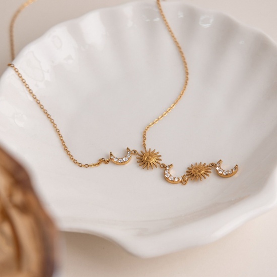 Picture of Wholesale Sun & Moon Clear Rhinestone Pendant Charm Necklace, 18K Gold Plated 304 Stainless Steel Link Cable Chain, Women's Eco-friendly PVD Simple Stylish Gift Jewelry For Retailer, 1 Piece