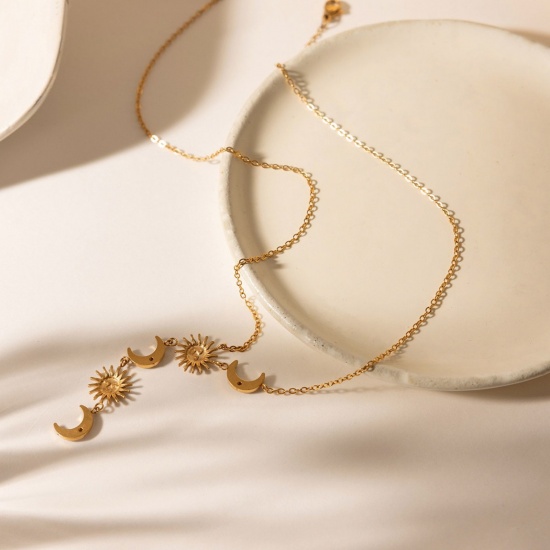 Picture of Wholesale Sun & Moon Clear Rhinestone Pendant Charm Necklace, 18K Gold Plated 304 Stainless Steel Link Cable Chain, Women's Eco-friendly PVD Simple Stylish Gift Jewelry For Retailer, 1 Piece