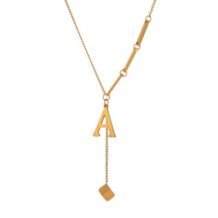Imagen de Cubo Mayúscula Letra Mensaje " A-Z " Collar con Colgante Al Por Mayor, Chapado en Oro de 18K 304 Acero Inoxidable Cadenas de Curb, Mujeres PVD Ecológico Elegante Minimalista Regalo Joyería Para Minorista, 40cm + 5cm longitud, 1 Unidad