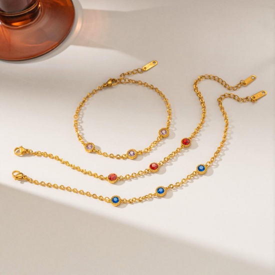 Picture of Wholesale Multicolor Rhinestone 304 Stainless Steel & Rhinestone Station Bracelet, 18K Gold Plated Eco-friendly PVD, Women's Ins Style Stylish Gift Jewelry Supply, 16cm(6.3") + 5cm(2") long, 1 Piece