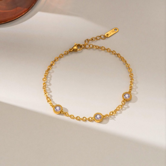 Picture of Wholesale Multicolor Rhinestone 304 Stainless Steel & Rhinestone Station Bracelet, 18K Gold Plated Eco-friendly PVD, Women's Ins Style Stylish Gift Jewelry Supply, 16cm(6.3") + 5cm(2") long, 1 Piece