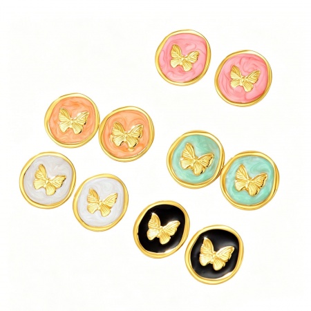 Imagen de Exquisito Retro Pendientes de Poste de Oreja Al Por Mayor, Ronda Mariposa Esmalte Chapado en Oro de 18K 304 Acero Inoxidable, Mujeres Enchapado al Vacío Regalo Suministro de Joyería, 20mm x 20mm, 1 Par