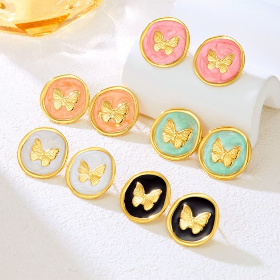 Picture of Wholesale Exquisite Retro Ear Post Stud Earrings, Round Butterfly Enamel 18K Gold Plated 304 Stainless Steel, Women's Vacuum Plating Gift Jewelry Supply, 20mm x 20mm, 1 Pair