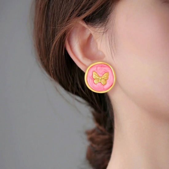 Picture of Wholesale Exquisite Retro Ear Post Stud Earrings, Round Butterfly Enamel 18K Gold Plated 304 Stainless Steel, Women's Vacuum Plating Gift Jewelry Supply, 20mm x 20mm, 1 Pair