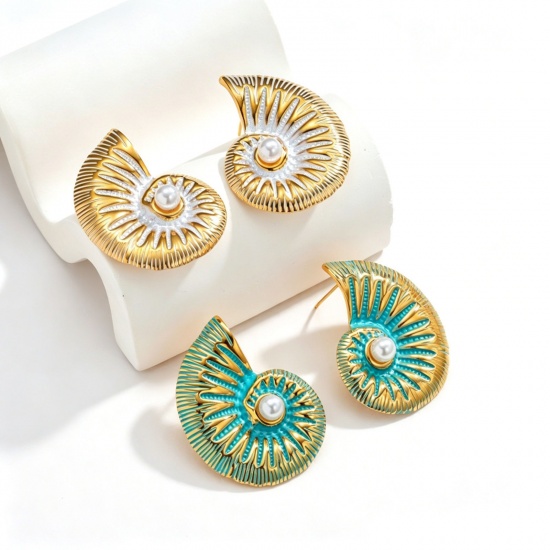 Imagen de Joyería del océano Elegante Pendientes de Poste de Oreja Al Por Mayor, Caracola Esmalte Chapado en Oro de 18K 304 Acero Inoxidable, Mujeres PVD Ecológico Regalo Suministro de Joyería, 3.8cm x 2.9cm, 1 Unidad