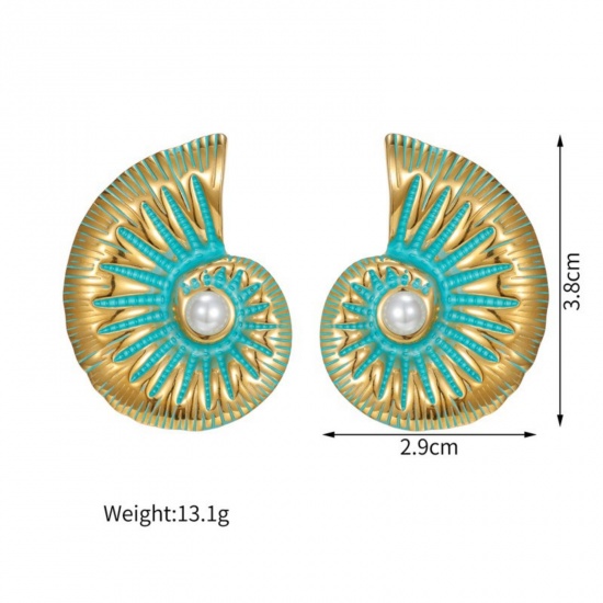 Imagen de Joyería del océano Elegante Pendientes de Poste de Oreja Al Por Mayor, Caracola Esmalte Chapado en Oro de 18K 304 Acero Inoxidable, Mujeres PVD Ecológico Regalo Suministro de Joyería, 3.8cm x 2.9cm, 1 Unidad