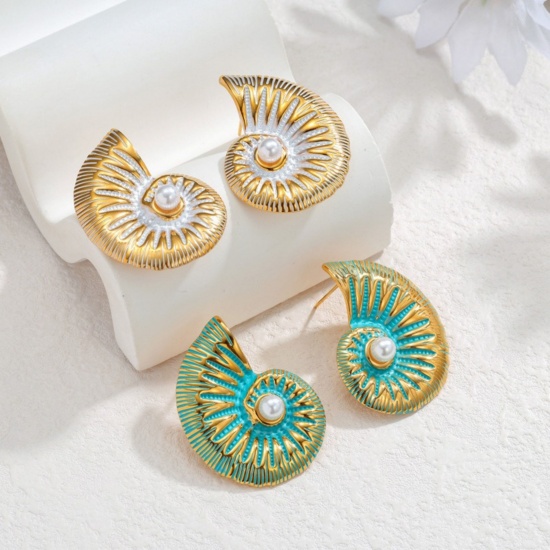 Imagen de Joyería del océano Elegante Pendientes de Poste de Oreja Al Por Mayor, Caracola Esmalte Chapado en Oro de 18K 304 Acero Inoxidable, Mujeres PVD Ecológico Regalo Suministro de Joyería, 3.8cm x 2.9cm, 1 Unidad