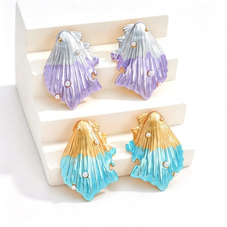 Imagen de Joyería del océano Elegante Pendientes de Poste de Oreja Al Por Mayor, Concha Esmalte Chapado en Oro de 18K 304 Acero Inoxidable, Mujeres PVD Ecológico Regalo Suministro de Joyería, 4.2cm x 3cm, 1 Par