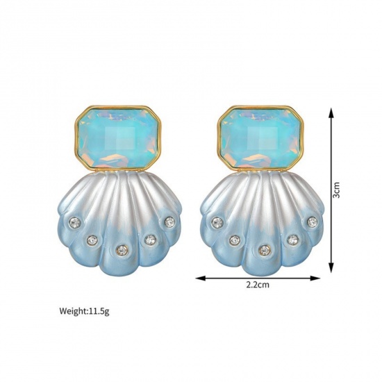 Imagen de Joyería del océano Elegante Pendientes de Poste de Oreja Al Por Mayor, Concha Claro Circón Artificial Degradado de Color Chapado en Oro de 18K 304 Acero Inoxidable, Mujeres PVD Ecológico Regalo Suministro de Joyería, 3cm x 2.2cm, 1 Par