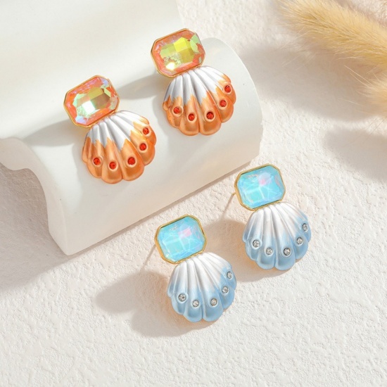 Imagen de Joyería del océano Elegante Pendientes de Poste de Oreja Al Por Mayor, Concha Claro Circón Artificial Degradado de Color Chapado en Oro de 18K 304 Acero Inoxidable, Mujeres PVD Ecológico Regalo Suministro de Joyería, 3cm x 2.2cm, 1 Par