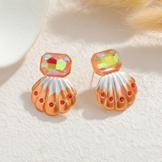 Imagen de Joyería del océano Elegante Pendientes de Poste de Oreja Al Por Mayor, Concha Claro Circón Artificial Degradado de Color Chapado en Oro de 18K 304 Acero Inoxidable, Mujeres PVD Ecológico Regalo Suministro de Joyería, 3cm x 2.2cm, 1 Par