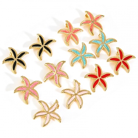 Imagen de Joyería del océano Elegante Pendientes de Poste de Oreja Al Por Mayor, Estrella de mar Multicolor Esmalte Chapado en Oro de 18K 304 Acero Inoxidable, Mujeres Regalo Suministro de Joyería, 22mm x 21mm, 1 Par