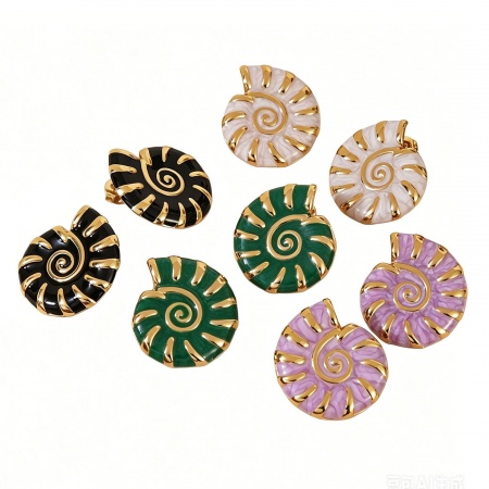 Imagen de Joyería del océano Elegante Pendientes de Poste de Oreja Al Por Mayor, Caracola Multicolor Esmalte Chapado en Oro de 18K 304 Acero Inoxidable, Mujeres Regalo Suministro de Joyería, 27.5mm x 24mm, 1 Par