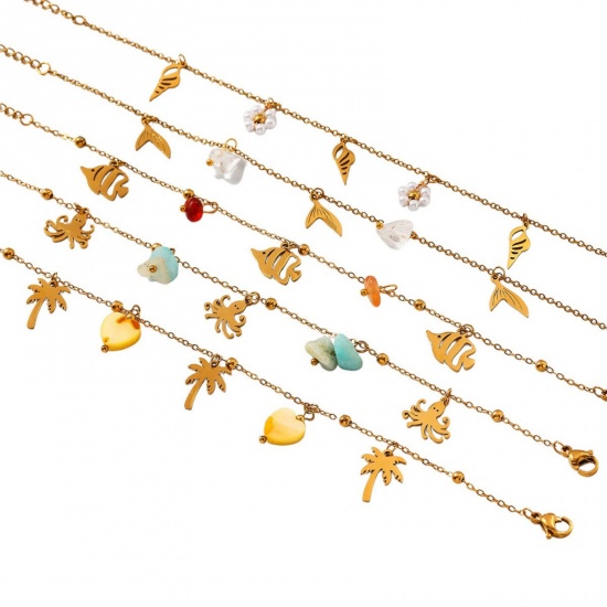 Imagen de 304 Acero Inoxidable Tobillera de Estación Al Por Mayor, Chapado en Oro de 18K PVD Ecológico, Mujeres Elegante Dulce & Lindo Regalo Suministro de Joyería, 21cm + 5cm longitud, 1 Unidad