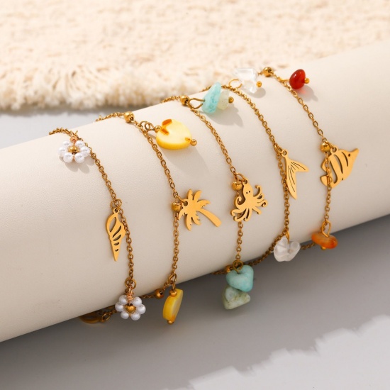 Imagen de 304 Acero Inoxidable Tobillera de Estación Al Por Mayor, Chapado en Oro de 18K PVD Ecológico, Mujeres Elegante Dulce & Lindo Regalo Suministro de Joyería, 21cm + 5cm longitud, 1 Unidad