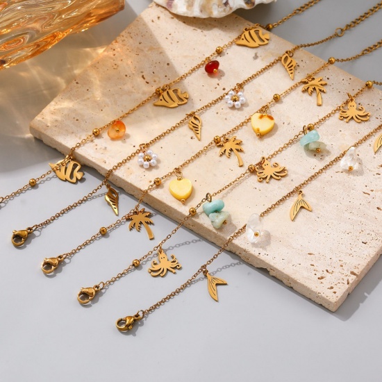 Imagen de 304 Acero Inoxidable Tobillera de Estación Al Por Mayor, Chapado en Oro de 18K PVD Ecológico, Mujeres Elegante Dulce & Lindo Regalo Suministro de Joyería, 21cm + 5cm longitud, 1 Unidad