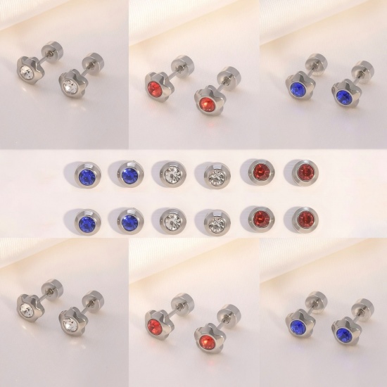 Imagen de Clásico Elegante Pendientes con Cierre de Rosca Al Por Mayor, Multicolor Rhinestone Tono de Plata 304 Acero Inoxidable, Unisex Regalo Suministro de Joyería, 2 Unidades