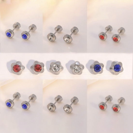 Imagen de Clásico Elegante Pendientes con Cierre de Rosca Al Por Mayor, Multicolor Rhinestone Tono de Plata 304 Acero Inoxidable, Unisex Regalo Suministro de Joyería, 2 Unidades