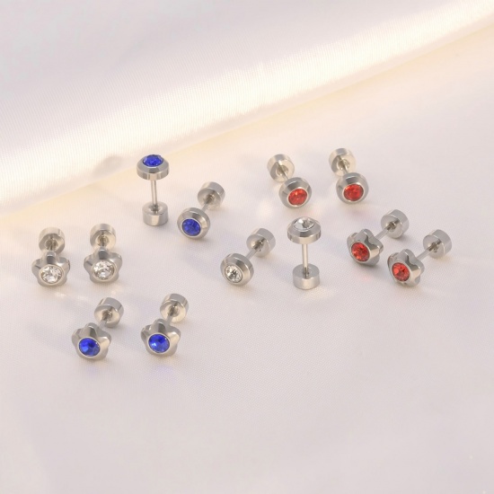 Imagen de Clásico Elegante Pendientes con Cierre de Rosca Al Por Mayor, Multicolor Rhinestone Tono de Plata 304 Acero Inoxidable, Unisex Regalo Suministro de Joyería, 2 Unidades