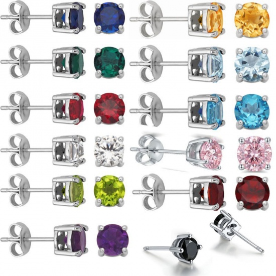Immagine di Elegante Elegante Pietra Di Nascita Orecchini a Perno All'Ingrosso, Tondo Tono Argento 304 Acciaio Inossidabile, Donne Regalo Fornitura di Gioielli, 6mm Dia., Posta/Filo Dimensione: 0.7mm(21 misura), 2 Pz