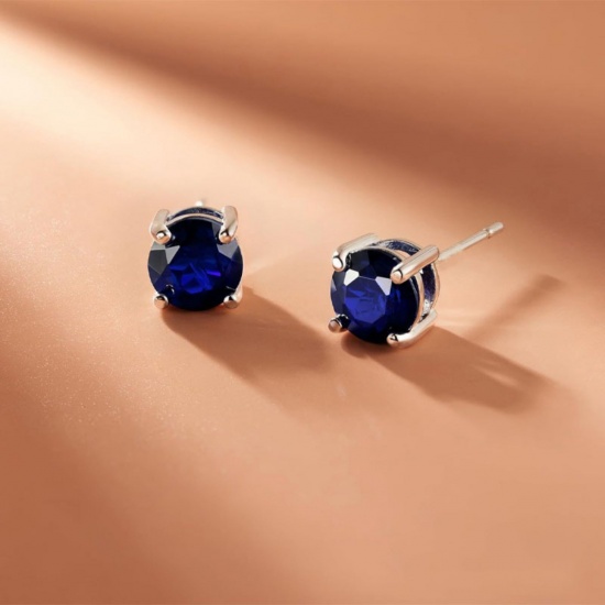 Immagine di Elegante Elegante Pietra Di Nascita Orecchini a Perno All'Ingrosso, Tondo Tono Argento 304 Acciaio Inossidabile, Donne Regalo Fornitura di Gioielli, 6mm Dia., Posta/Filo Dimensione: 0.7mm(21 misura), 2 Pz