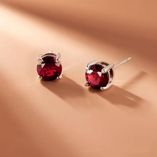 Immagine di Elegante Elegante Pietra Di Nascita Orecchini a Perno All'Ingrosso, Tondo Tono Argento 304 Acciaio Inossidabile, Donne Regalo Fornitura di Gioielli, 6mm Dia., Posta/Filo Dimensione: 0.7mm(21 misura), 2 Pz