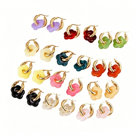Imagen de Elegante & Casual Bohemia Pendientes de Aro Al Por Mayor, Ronda Flor Chapado en Oro de 18K 304 Acero Inoxidable & Resina, Mujeres Enchapado al Vacío Regalo Suministro de Joyería, 14mm Dia., 1 Par