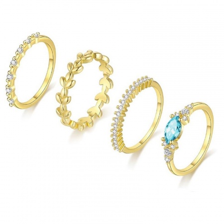 Immagine di Donne Regalo Foglia Trasparente & Blu Circonio Cubico Non Regolabile Set di Anelli Impilabili All'Ingrosso, Placcato Oro 18K Ottone, Elegante Elegante Fornitura di Gioielli, 1 Serie ( 4 Pz/Serie)