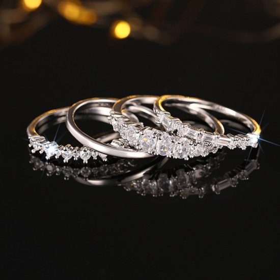 Picture of Wholesale Women's Gift Clear Cubic Zirconia Unadjustable Stackable Ring Set, Multicolor Brass, Stylish Dainty Jewelry Supply