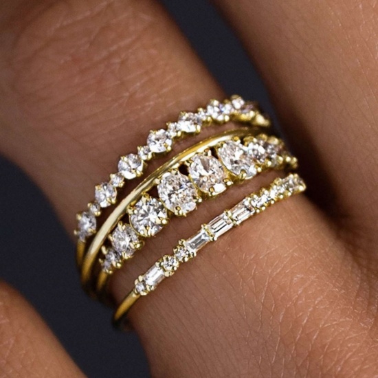 Picture of Wholesale Women's Gift Clear Cubic Zirconia Unadjustable Stackable Ring Set, Multicolor Brass, Stylish Dainty Jewelry Supply