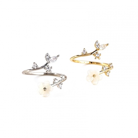 Immagine di Donne Regalo Fiore Trasparente Circonio Cubico Aperto Regolabile Anello All'Ingrosso, Multicolore Conchiglie Naturali & Ottone, Elegante Elegante Fornitura di Gioielli, 1 Pz