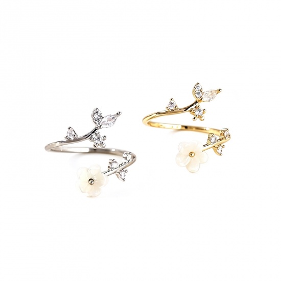 Picture of Wholesale Women's Gift Flower Clear Cubic Zirconia Open Adjustable Rings, Multicolor Natural Shell & Brass, Stylish Dainty Jewelry Supply