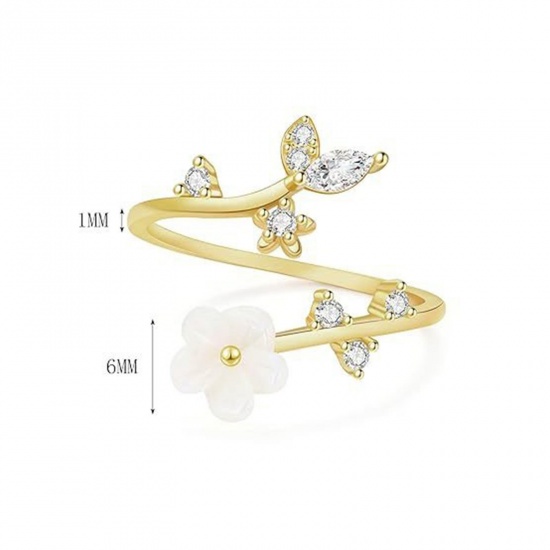Picture of Wholesale Women's Gift Flower Clear Cubic Zirconia Open Adjustable Rings, Multicolor Natural Shell & Brass, Stylish Dainty Jewelry Supply