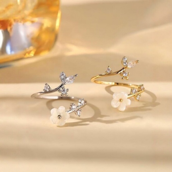 Picture of Wholesale Women's Gift Flower Clear Cubic Zirconia Open Adjustable Rings, Multicolor Natural Shell & Brass, Stylish Dainty Jewelry Supply