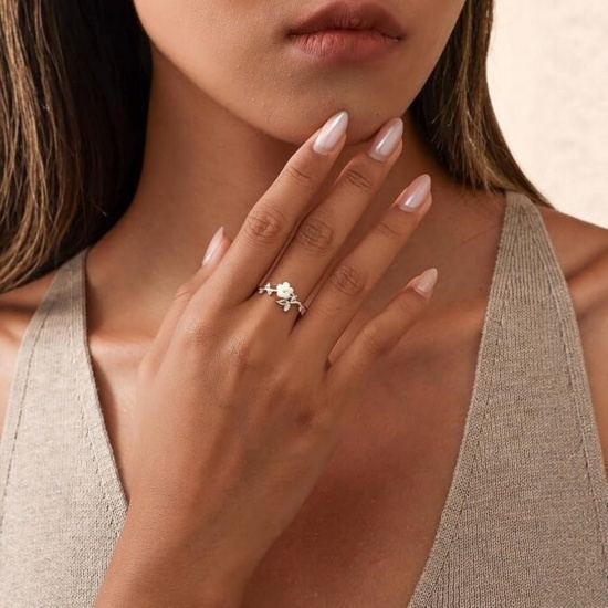 Picture of Wholesale Women's Gift Flower Clear Cubic Zirconia Open Adjustable Rings, Multicolor Natural Shell & Brass, Stylish Dainty Jewelry Supply