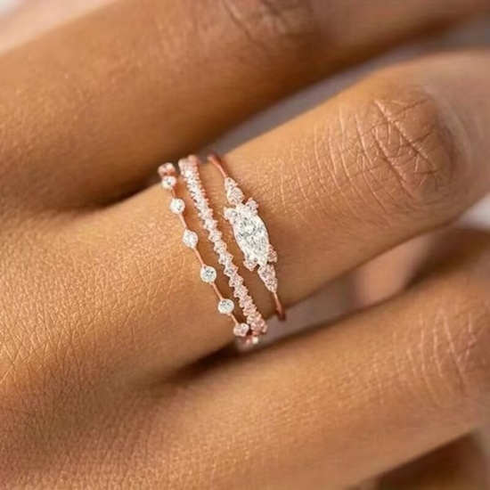 Picture of Wholesale Women's Gift Clear Cubic Zirconia Unadjustable Stackable Ring Set, Multicolor Brass, Stylish Dainty Jewelry Supply