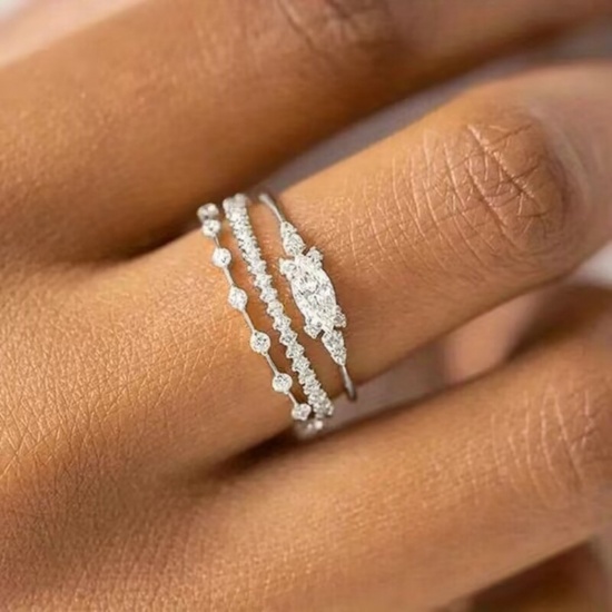 Picture of Wholesale Women's Gift Clear Cubic Zirconia Unadjustable Stackable Ring Set, Multicolor Brass, Stylish Dainty Jewelry Supply
