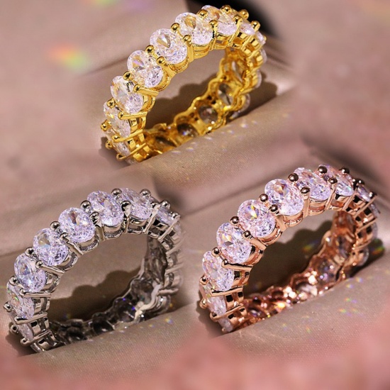 Picture of Wholesale Women's Gift Oval Clear Cubic Zirconia Unadjustable Eternity Rings, Multicolor Brass, Stylish Dainty Jewelry Supply
