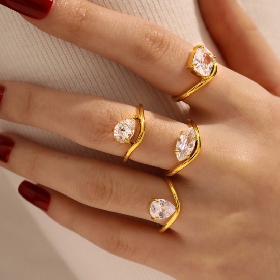 Immagine di Donne Regalo Geometrica Trasparente Circonio Cubico Non Regolabile Anello All'Ingrosso, Placcato Oro 18K 304 Acciaio Inossidabile, Elegante Elegante Fornitura di Gioielli, 17.1mm (taglia di US: 6.75), 1 Pz