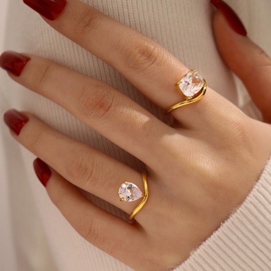 Immagine di Donne Regalo Geometrica Trasparente Circonio Cubico Non Regolabile Anello All'Ingrosso, Placcato Oro 18K 304 Acciaio Inossidabile, Elegante Elegante Fornitura di Gioielli, 17.1mm (taglia di US: 6.75), 1 Pz