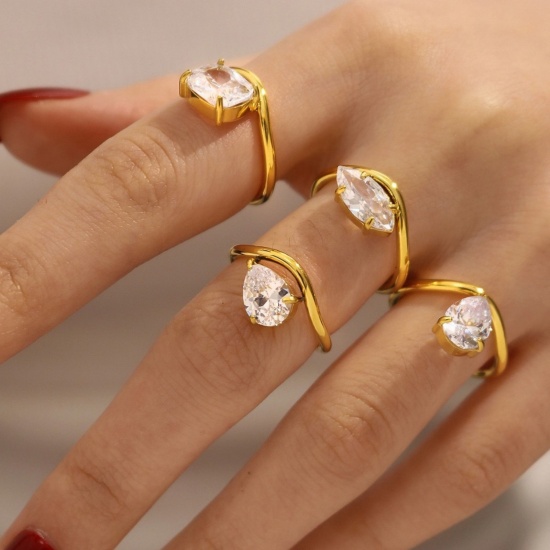 Immagine di Donne Regalo Geometrica Trasparente Circonio Cubico Non Regolabile Anello All'Ingrosso, Placcato Oro 18K 304 Acciaio Inossidabile, Elegante Elegante Fornitura di Gioielli, 17.1mm (taglia di US: 6.75), 1 Pz